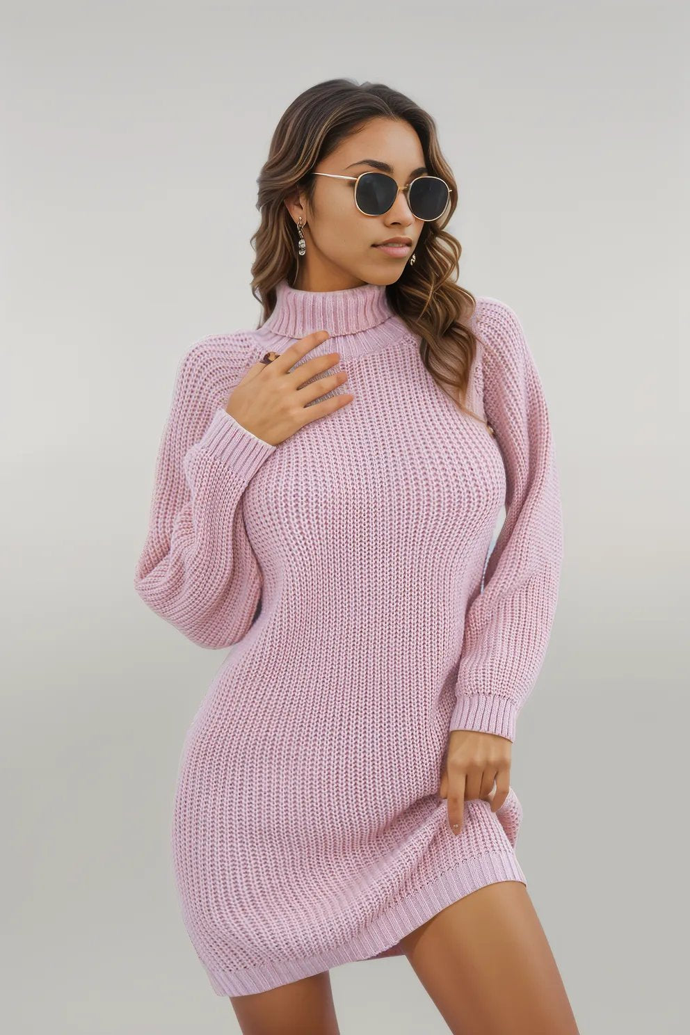 Buttoned Turtleneck Long Sleeve Sweater Dress Carnation Pink