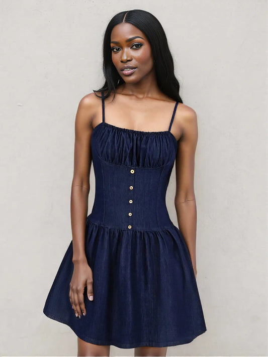 Adjustable Strap Ruched Mini Dress Dark Blue