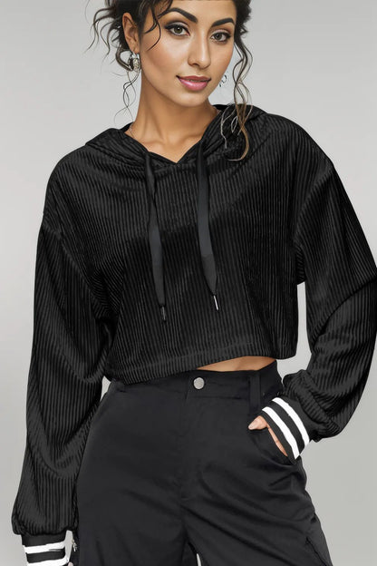 Drawstring Drop Shoulder Long Sleeve Hoodie Black