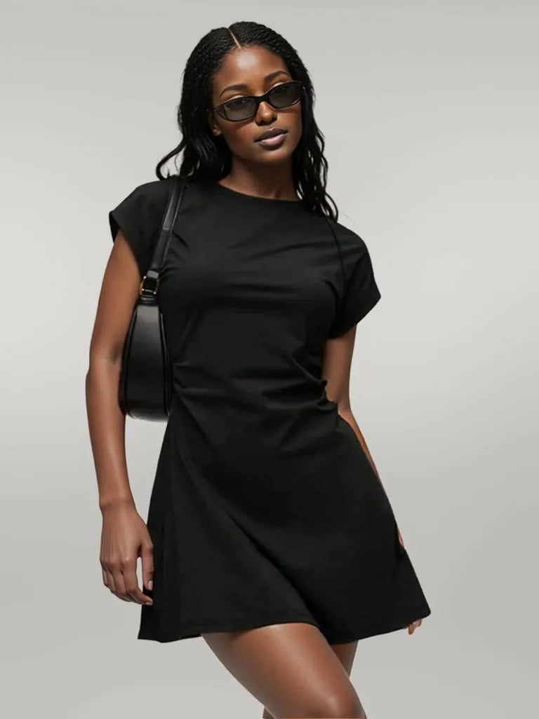 Round Neck Short Sleeve Mini Tee Dress Black