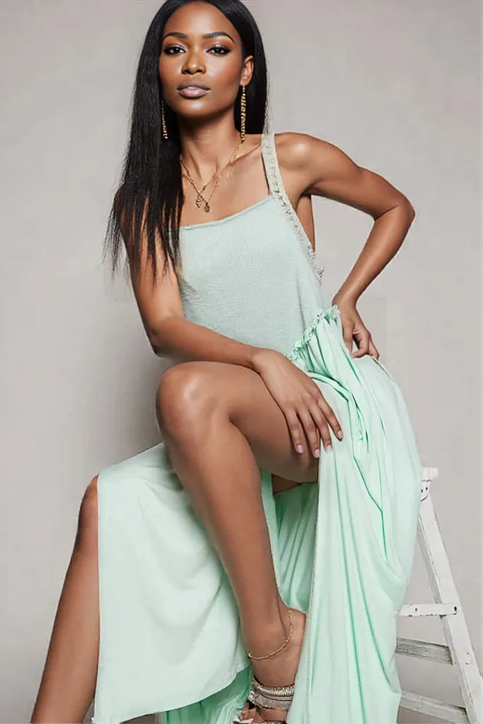 POL Frill Slit Square Neck Cami Dress Light Green