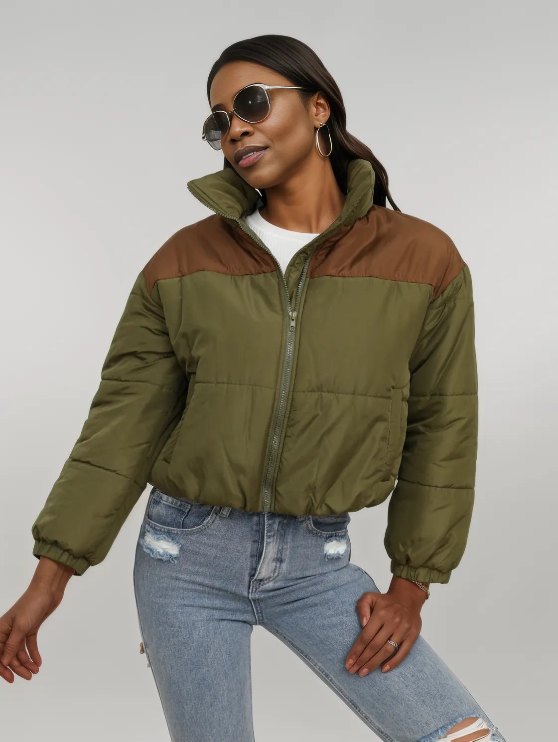 Two-Tone Zip-Up Puffer Jacket