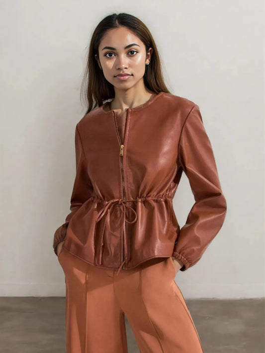 Drawstring Zip Up Leather Jacket Brown