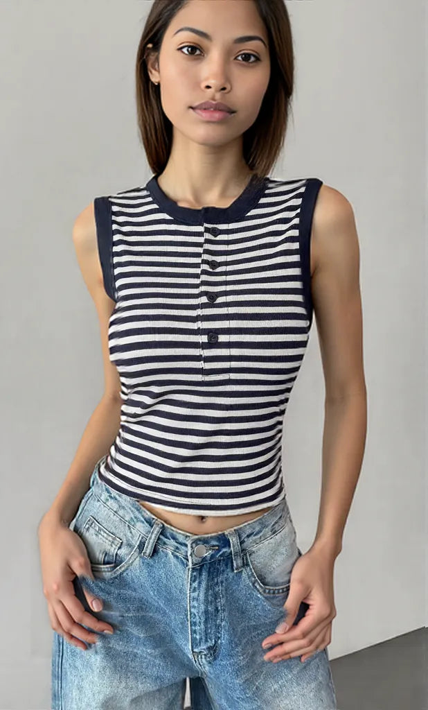Striped Round Neck Tank Dark Blue