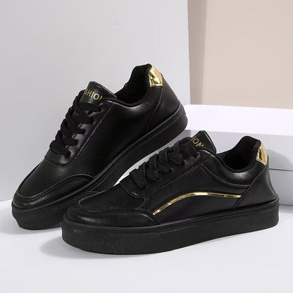 PU Leather Round Toe Flat Sneakers Black