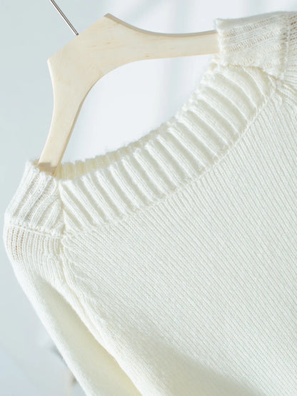 Ribbed Knit Boat Neck Sweater White