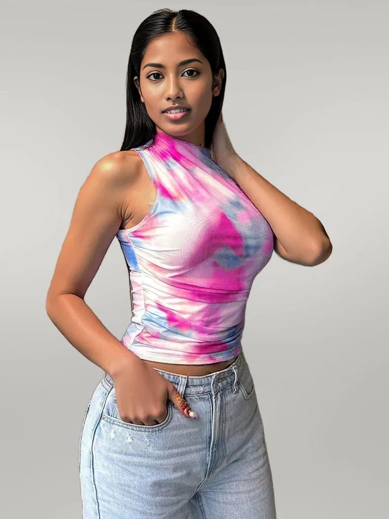 Printed Mock Neck Ruched Tank Fuchsia Pink