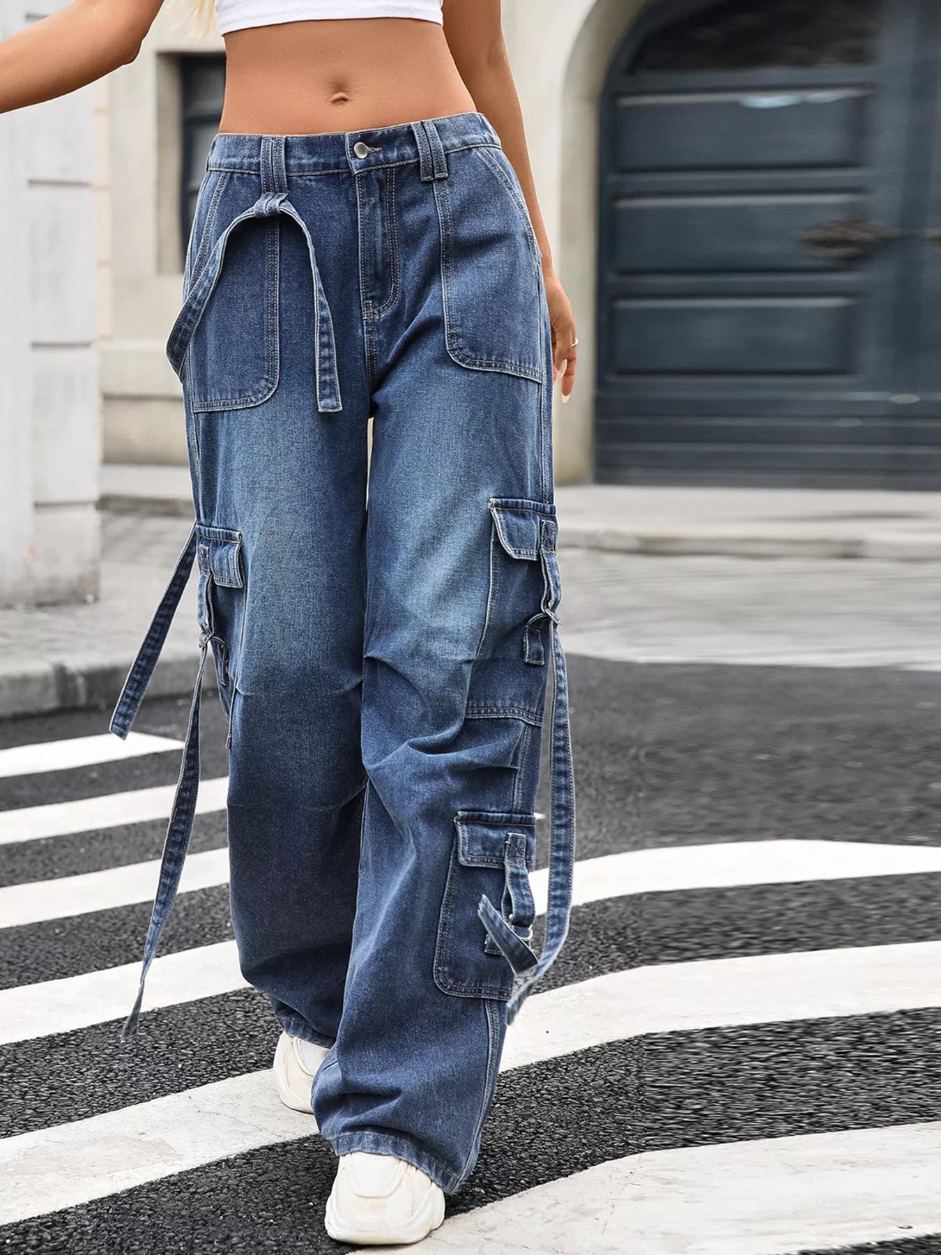Wide Leg Cargo Jeans Blue