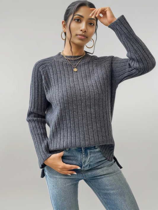 Round Neck Ribbed Raglan Sleeve Sweater Dark Gray