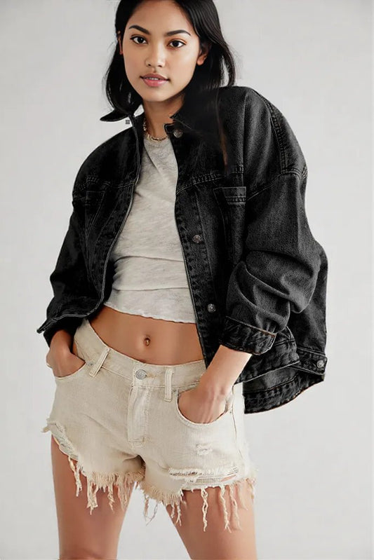 Black Washed Oversize Pocketed Denim Jacket