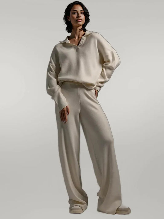 Johnny Collar Long Sleeve Top and Pants Sweater Set Cream One Size