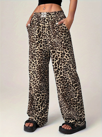 Leopard Wide Leg Pants with Pockets Leopard