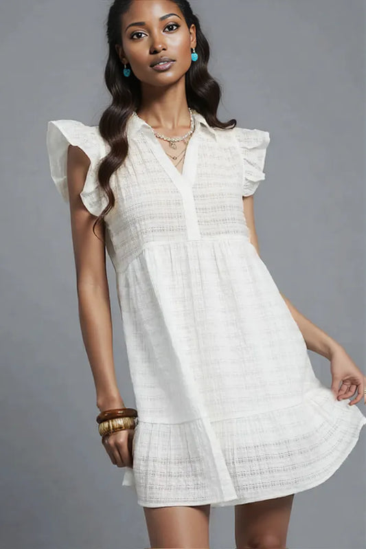 Umgee Ruffle Cap Sleeve Textured Mini Dress White