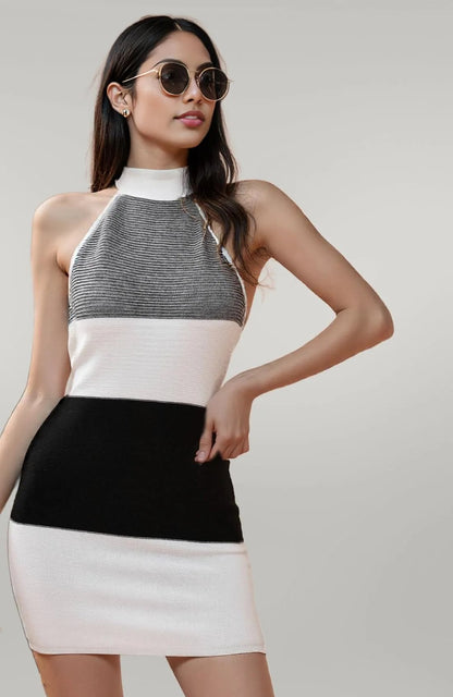 Color Block Halter Neck Knit Dress