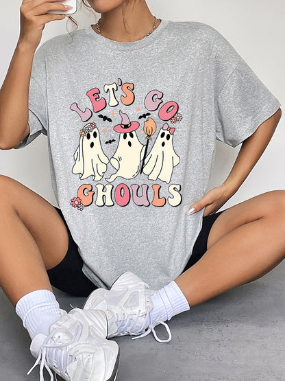 Round Neck Short Sleeve LET'S GO GHOULS Graphic T-Shirt Cloudy Blue