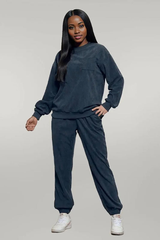 Corduroy Round Neck Sweatshirt and Sweatpants Set Dark Blue