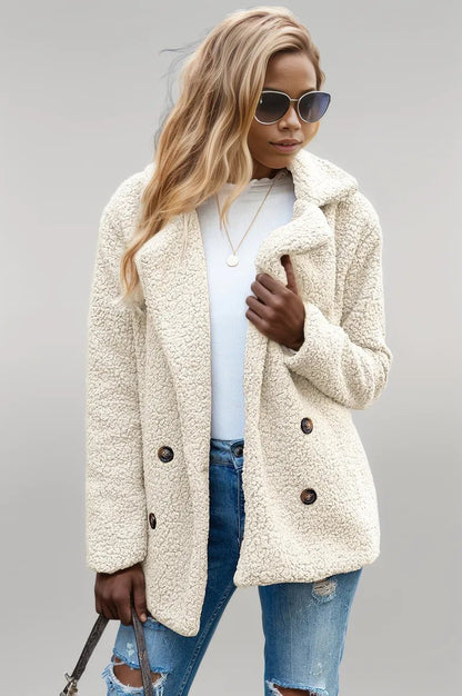 Ivy Lane Full Size Lapel Collar Sherpa Coat Cream