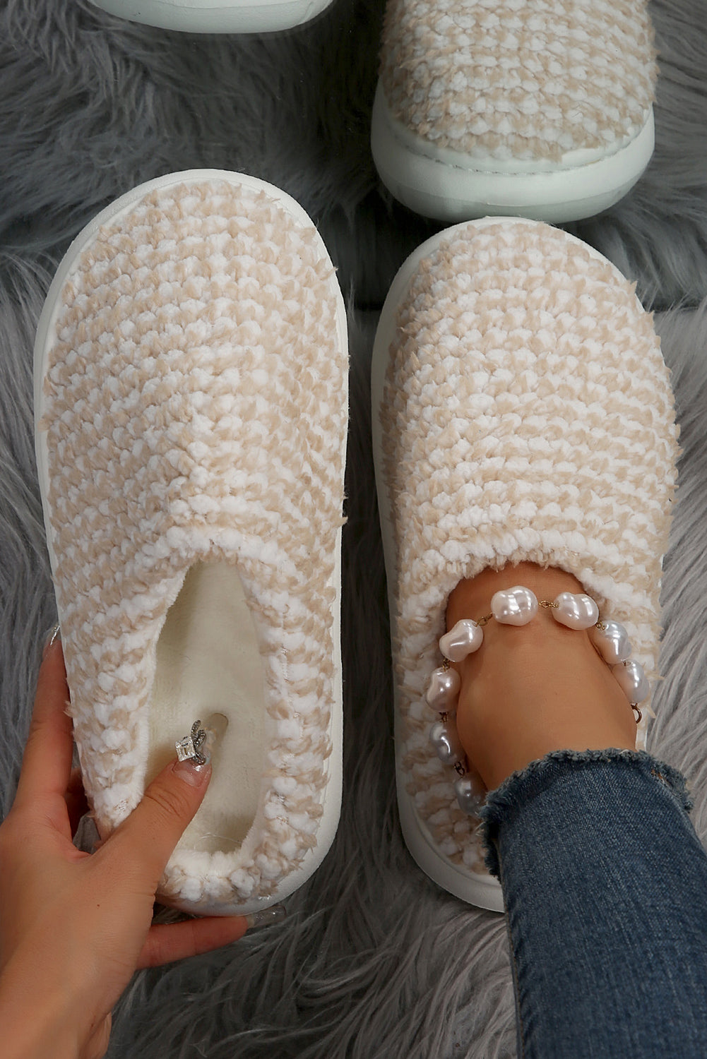 Pale Khaki Two-tone Knitted Warm Homewear Slippers-Shoes & Bags/Slippers-HTO Apparel-Dear-Lover