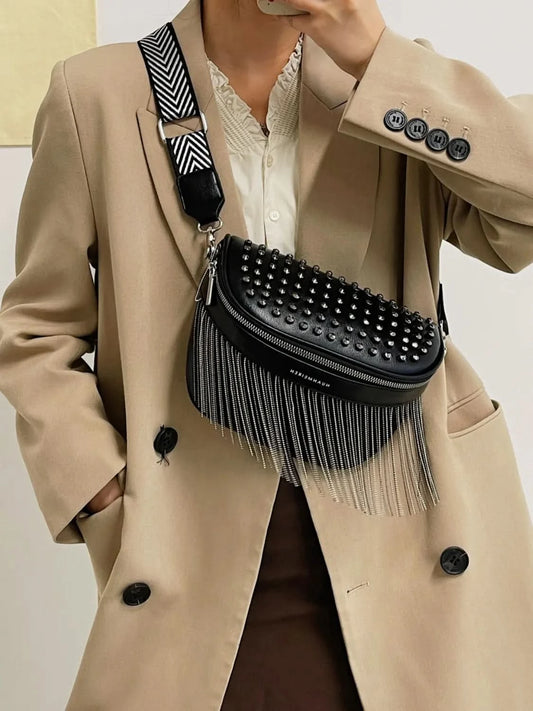 Fringe Studded PU Leather Crossbody Bag Black One Size
