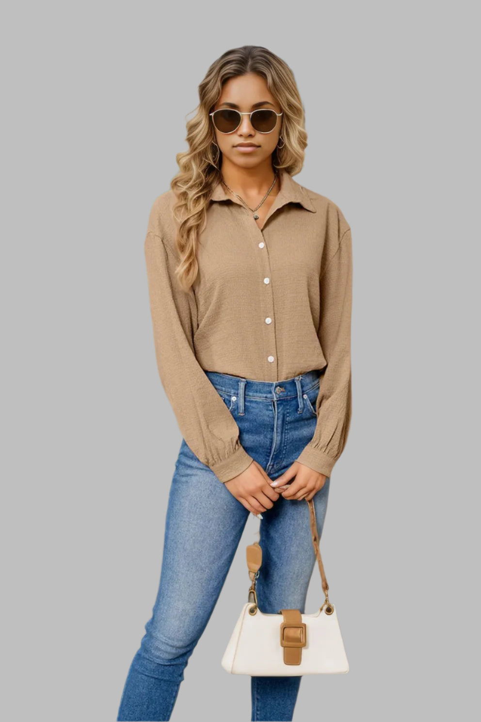 Collared Neck Buttoned Long Sleeve Shirt