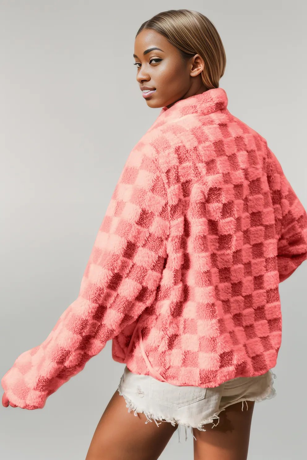 Double Take Checkered Long Sleeve Fuzzy Jacket