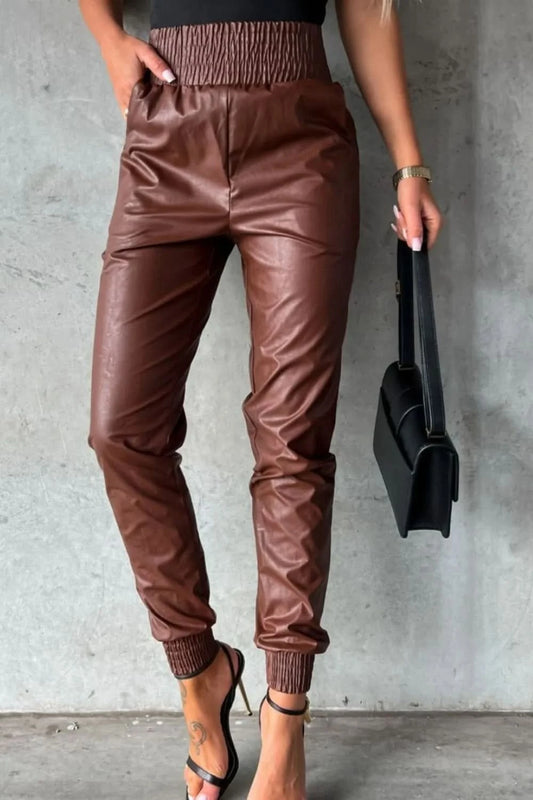 Smocked High Waist Pants with Pockets Brown