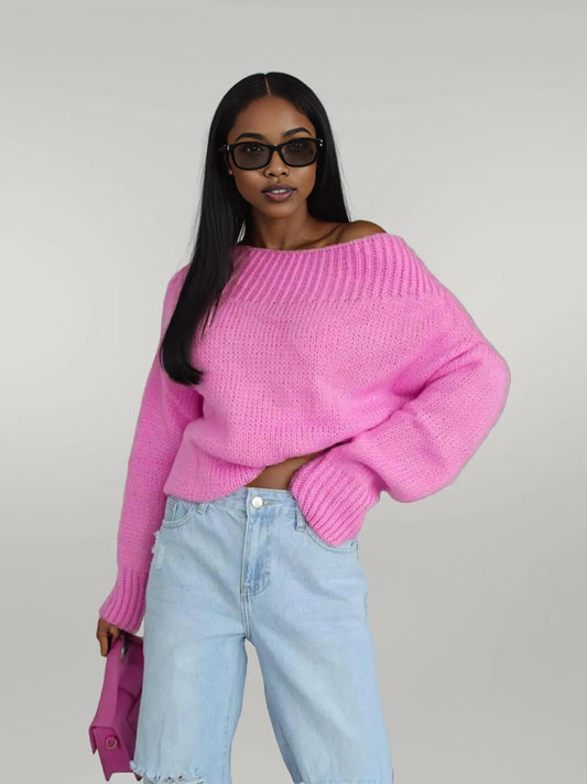 Boat Neck Drop Shoulder Sweater Deep Rose