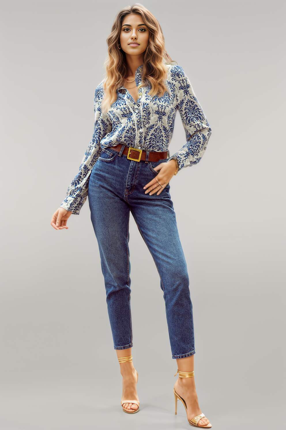 Sky Blue Bohemian Printed Bishop Sleeve Lace Shirt