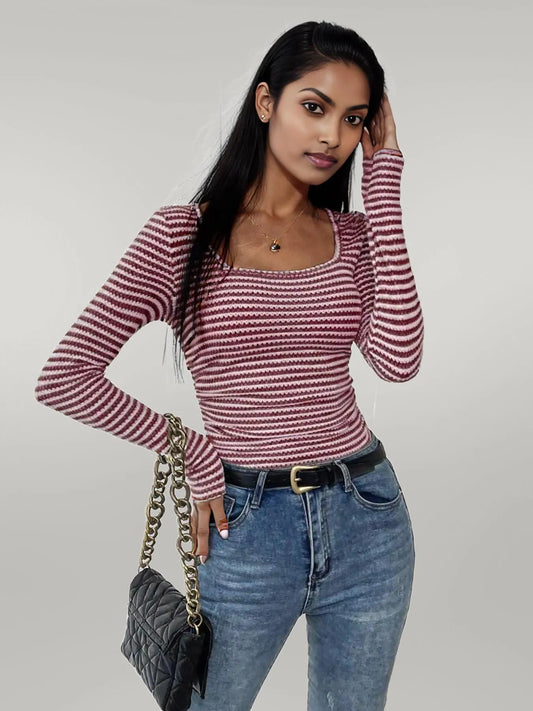 Striped Square Neck Long Sleeve T-Shirt
