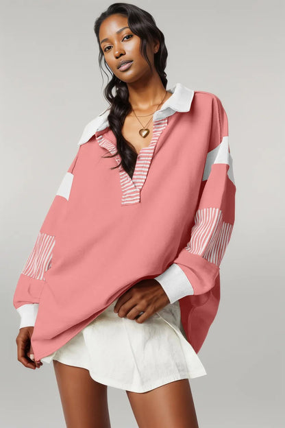 Black Striped Colorblock Patchwork Collar Sweatshirt