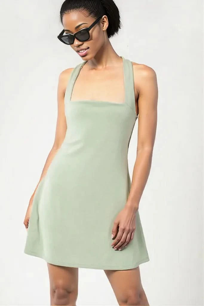 Umgee Crisscross Square Neck Active Dress Sage