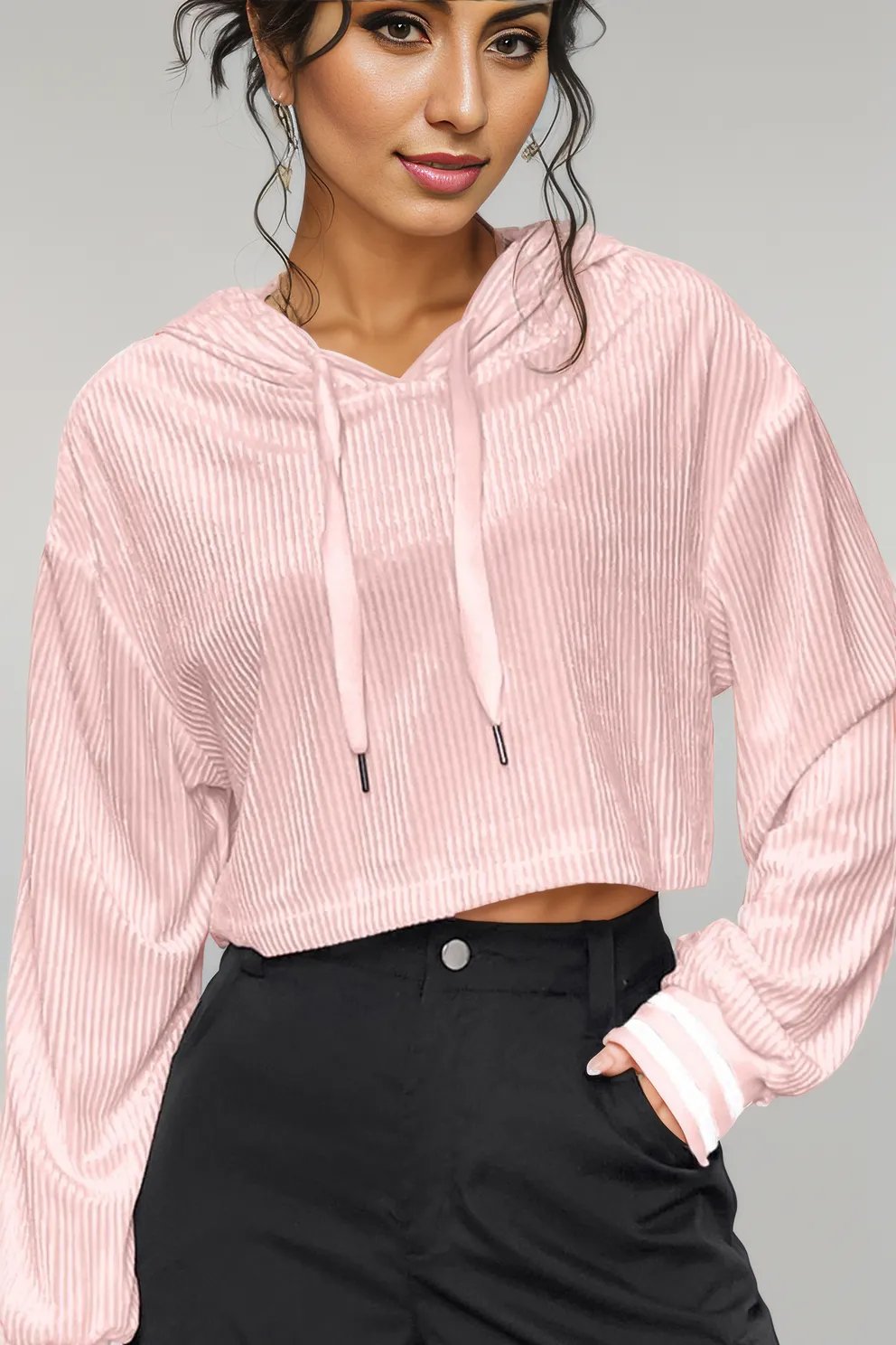 Drawstring Drop Shoulder Long Sleeve Hoodie Blush Pink