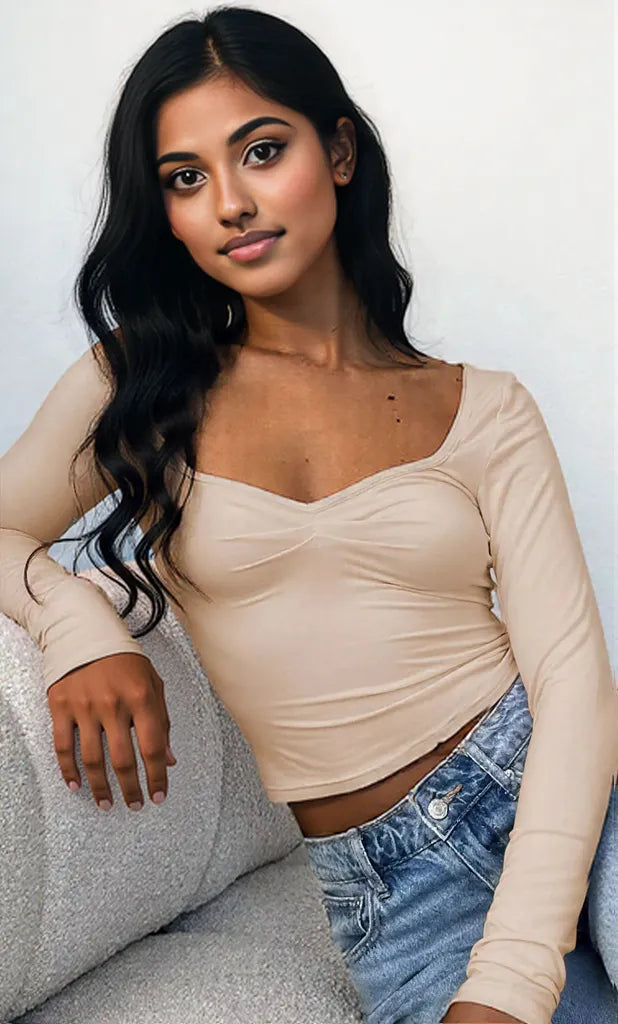 Long Sleeve Sweetheart Neck Crop T-Shirt