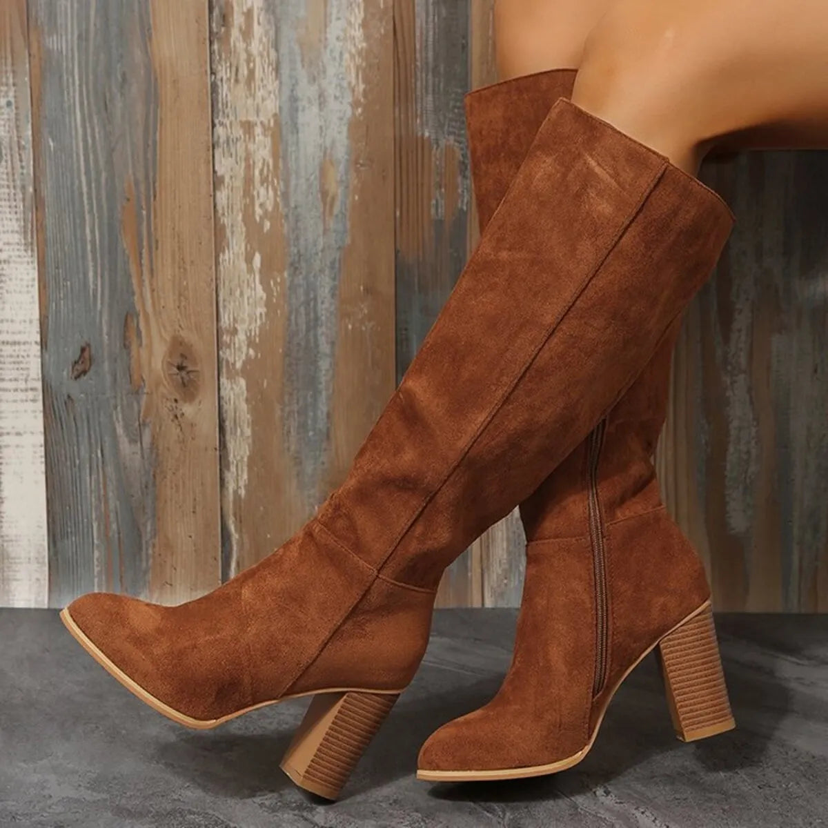 Point Toe Block Heels Boots Brown