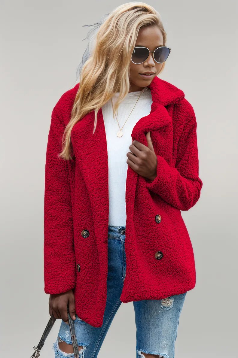 Ivy Lane Full Size Lapel Collar Sherpa Coat Deep Red