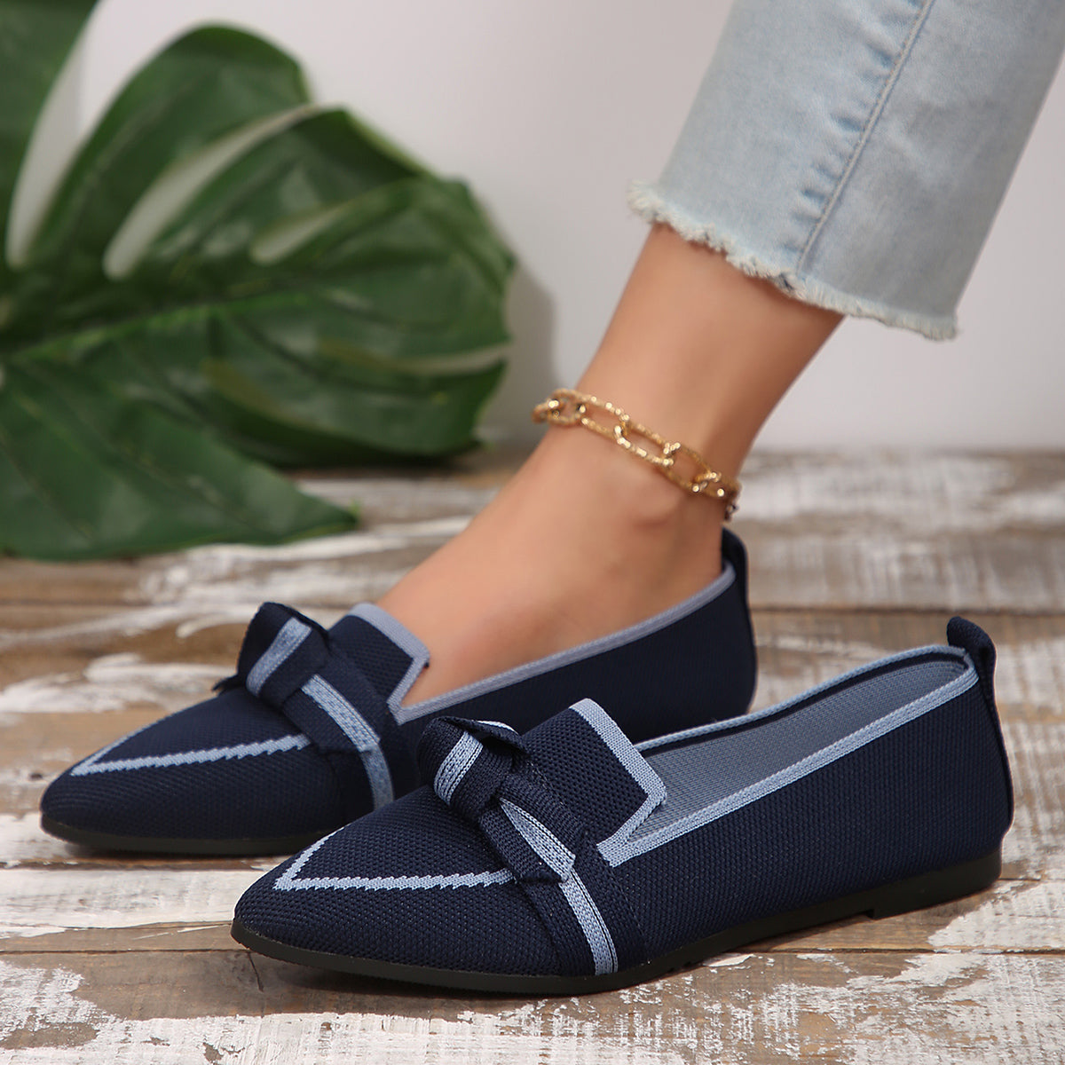 Bow Contrast Trim Point Toe Loafers - Shoes & Bags/Women's Shoes - Trendsi