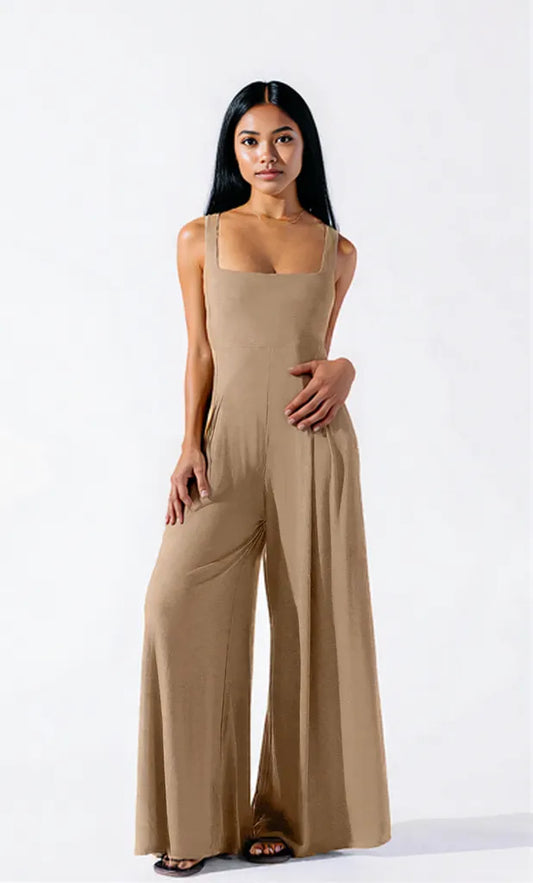 Square Neck Wide Strap Jumpsuit Camel