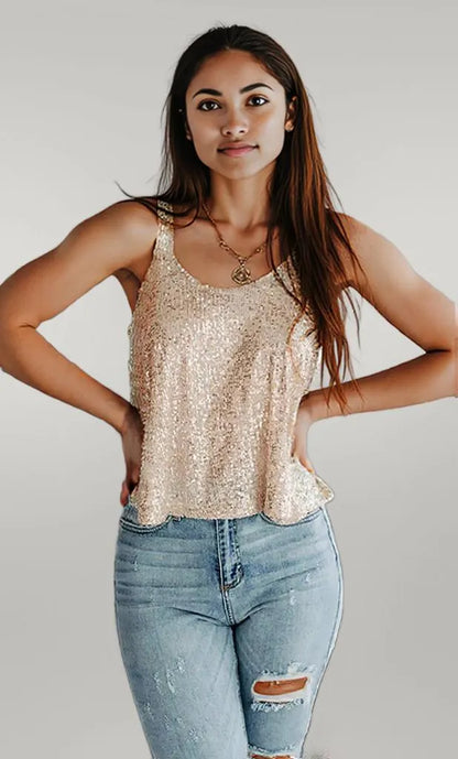 Sequin Scoop Neck Tank Tan