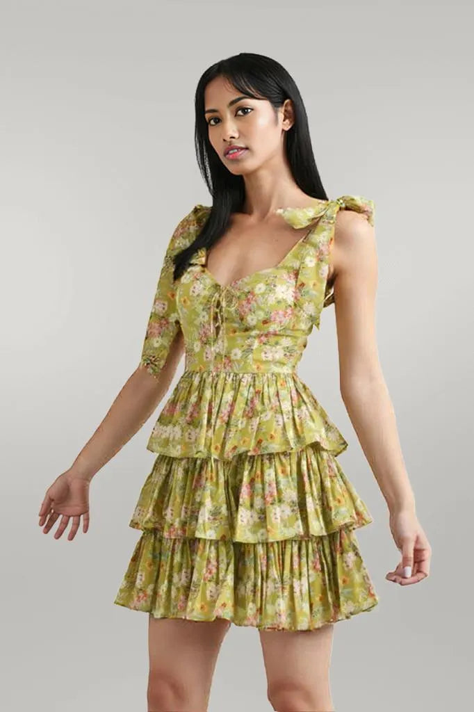 MABLE Floral Print Shoulder Tie Layered Mini Dress