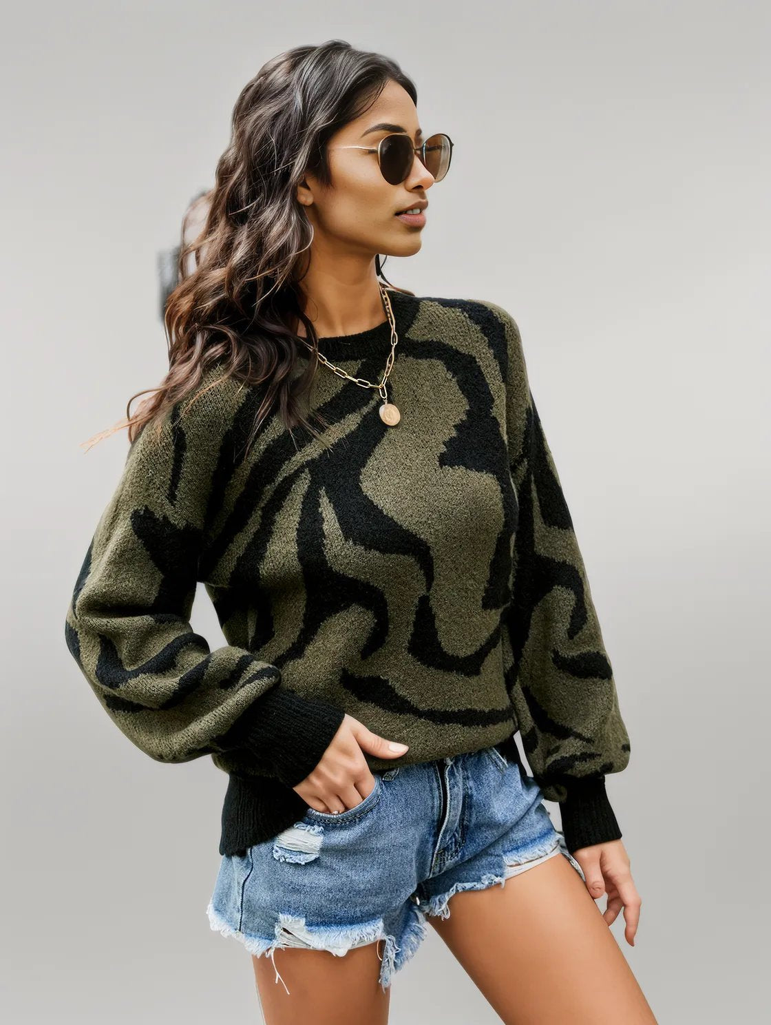 Printed Round Neck Long Sleeve Sweater