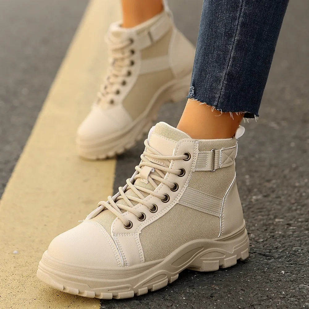 Dodgy Round-Toe Lace-Up Boots Beige
