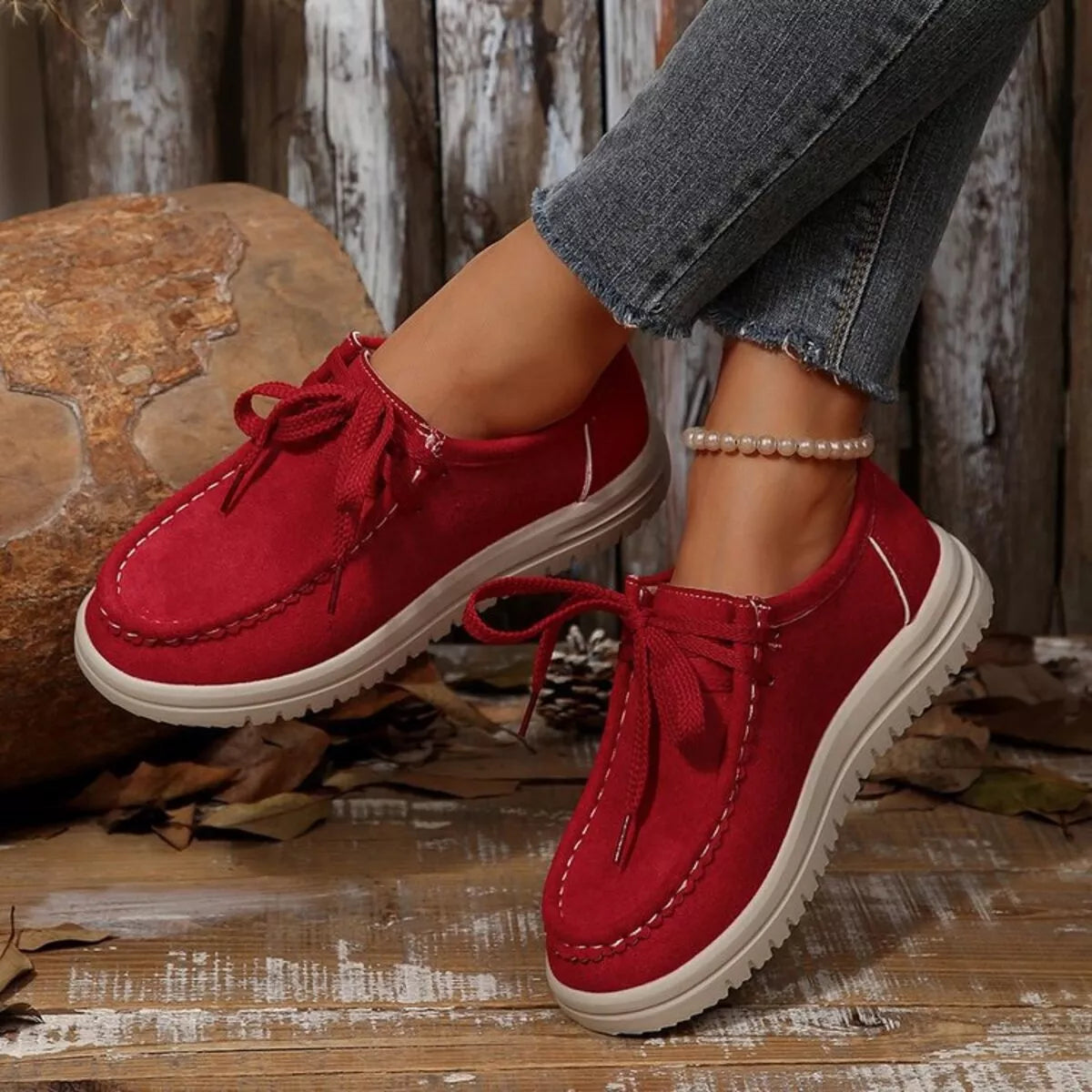Lace Up Round Toe Loafers Red