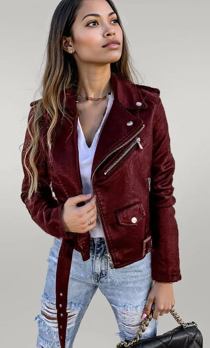 Full Size Zip Up Leather Motorcycle Biker Jacket Burgundy
