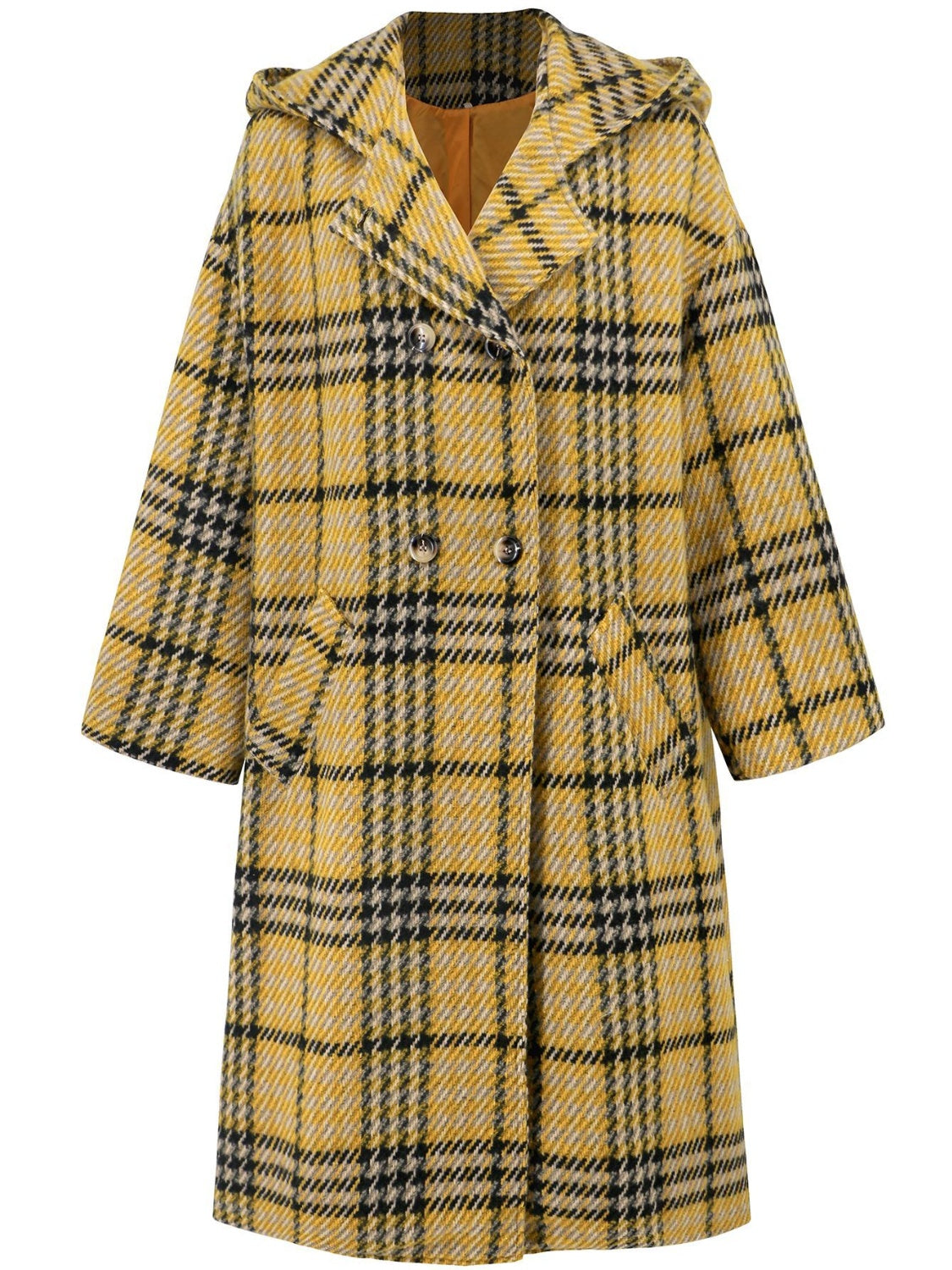 Plaid Double - Breasted Long Sleeve Longline Coat - coat - Trendsi