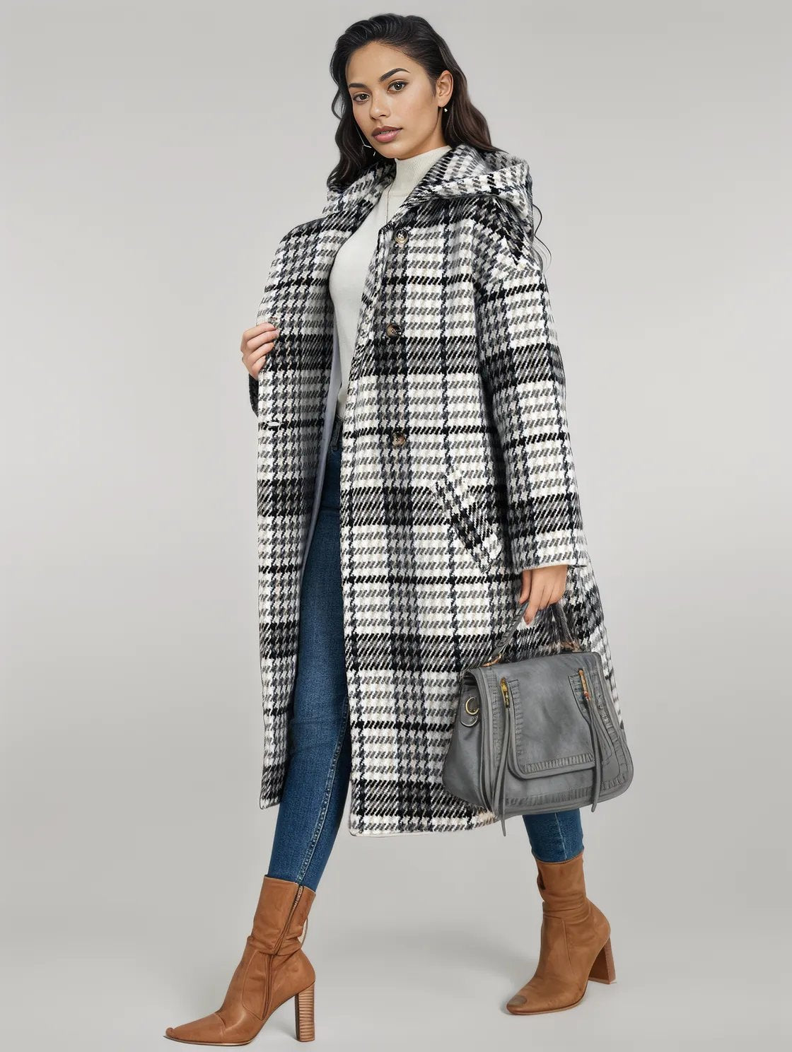 Plaid Double - Breasted Long Sleeve Longline Coat - coat - Trendsi