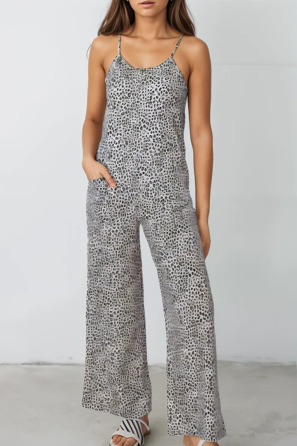 Printed Spaghetti Strap Jumpsuit with Pockets