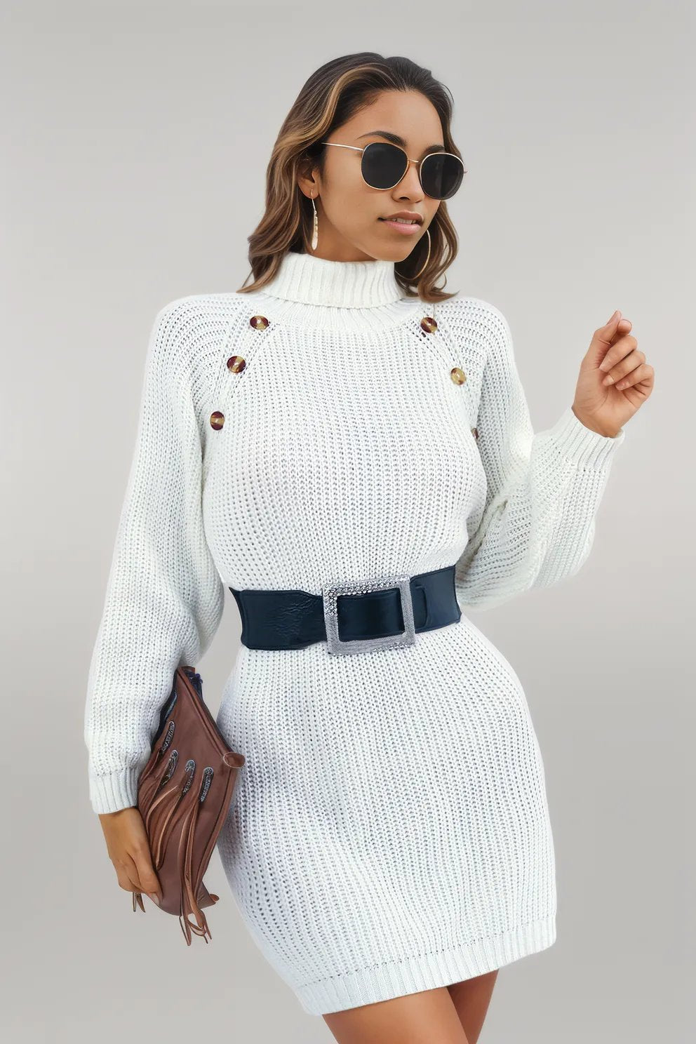 Buttoned Turtleneck Long Sleeve Sweater Dress