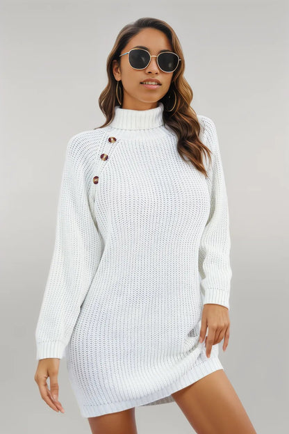 Buttoned Turtleneck Long Sleeve Sweater Dress White