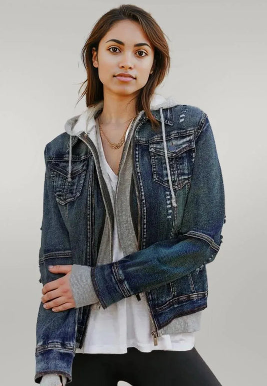 Two-Piece Hooded Zip-Up Denim Jacket