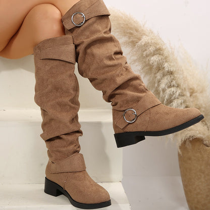 Buckle Round Toe Block Heel Boots Taupe